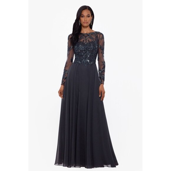 XSCAPE EVENINGS Size 8 Gray LONG SLEEVE BEADED CHIFFON Cocktail GOWN Dress Flowy - Picture 1 of 11